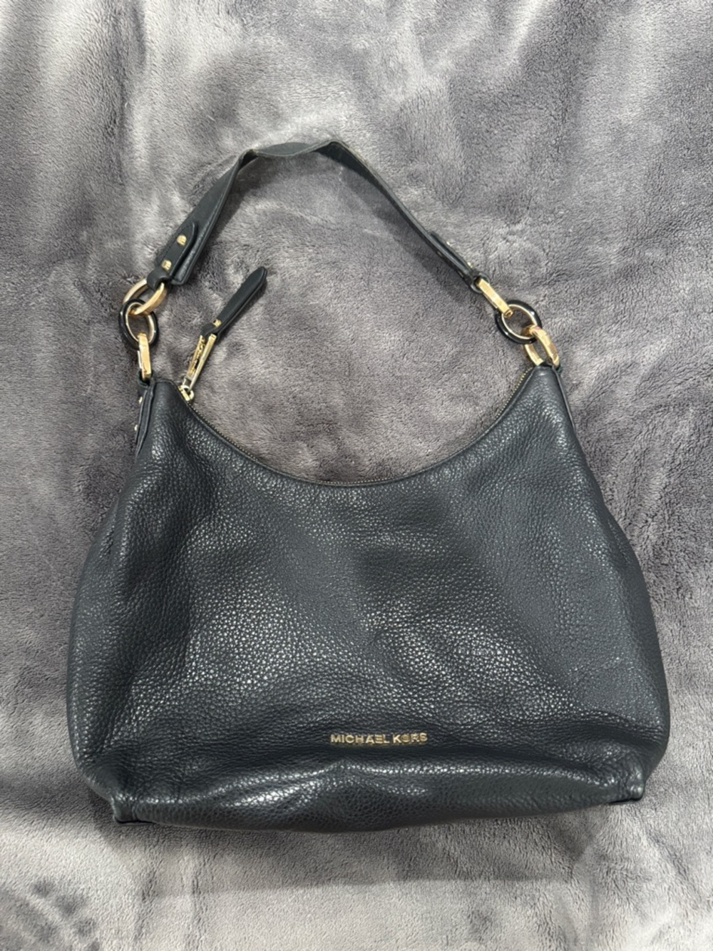 Michael Kors Black Pebbled Leather Hobo Shoulder Bag with Gold Hardware